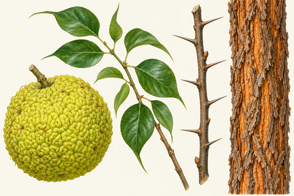 Illustration of a bumpy green Osage orange fruit, a twig of glossy leaves, a thorny branch and orange-tinged ridged bark