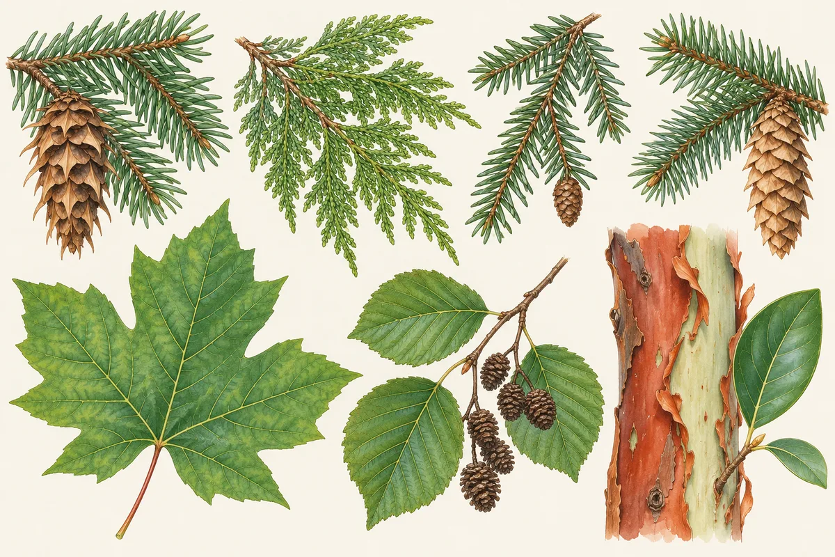 Illustration of Pacific Northwest trees: a Douglas-fir cone, a western red cedar spray, western hemlock, Sitka spruce, a bigleaf maple leaf, red alder and madrone bark