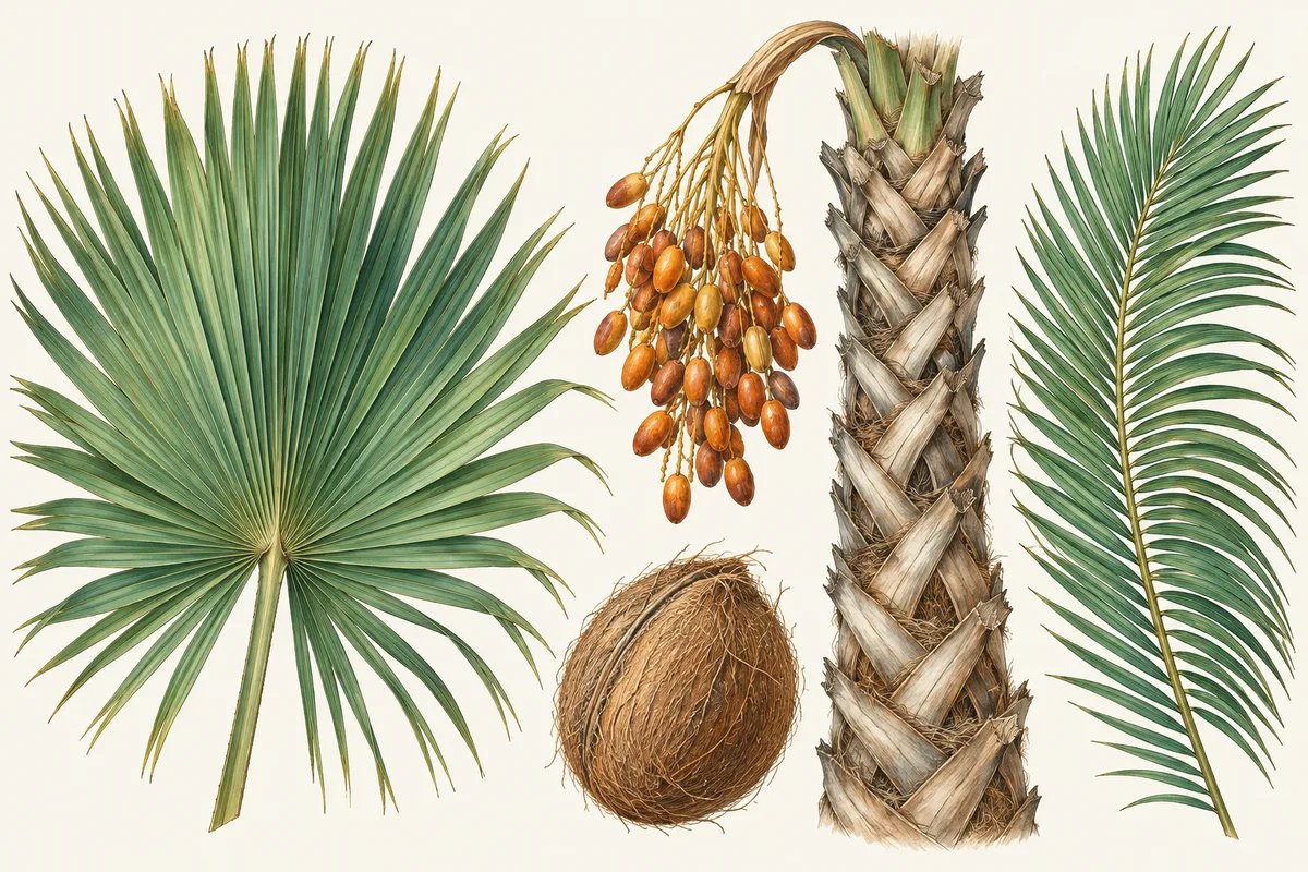 Illustration of a fan palm frond, a feather palm frond, a cluster of dates, a coconut and a palm trunk with old leaf bases