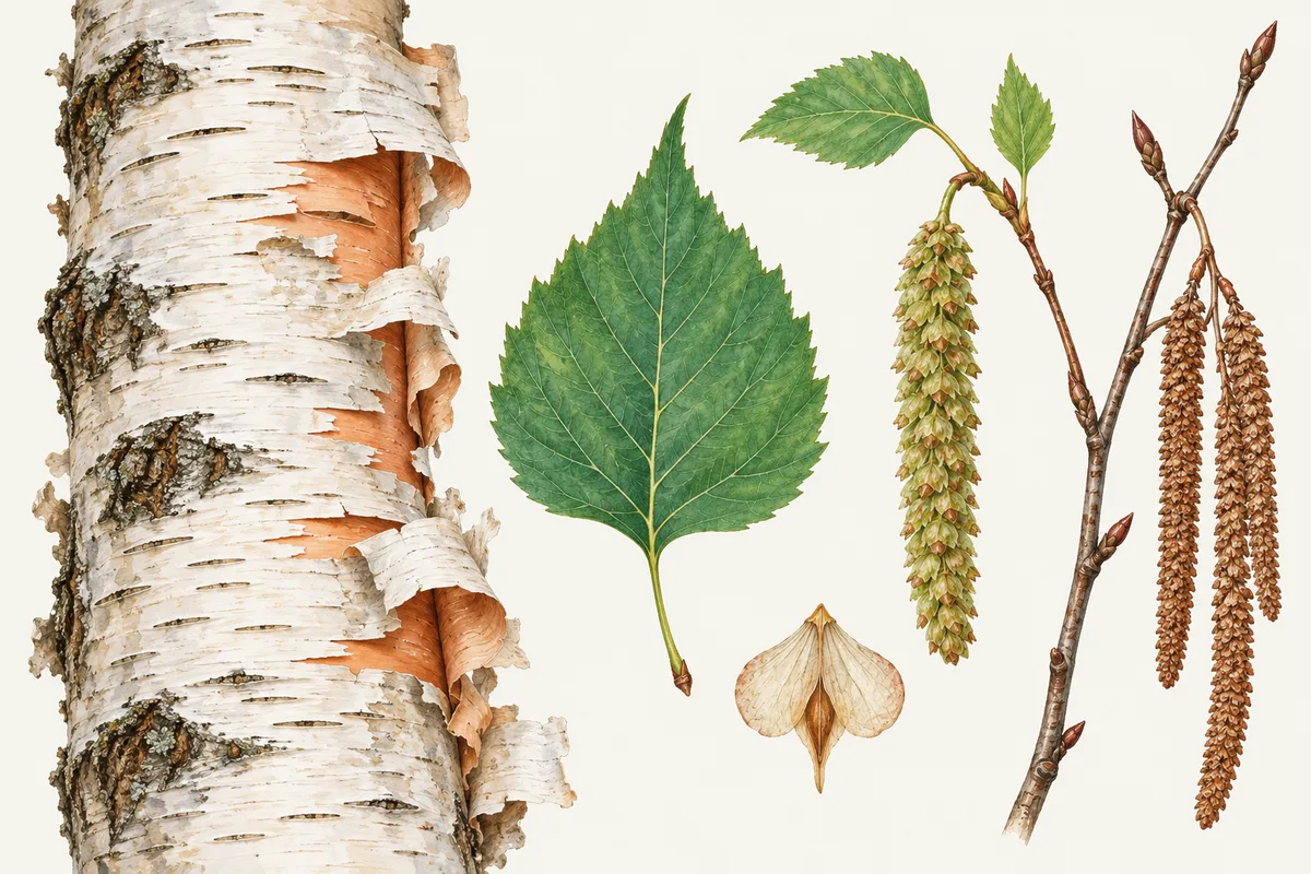 Illustration d'un tronc de bouleau à papier dont l'écorce blanche pèle en feuillets sur une écorce orangée, d'une feuille ovale dentée, d'un chaton fructifère, d'une écaille agrandie et d'un rameau d'hiver aux chatons mâles