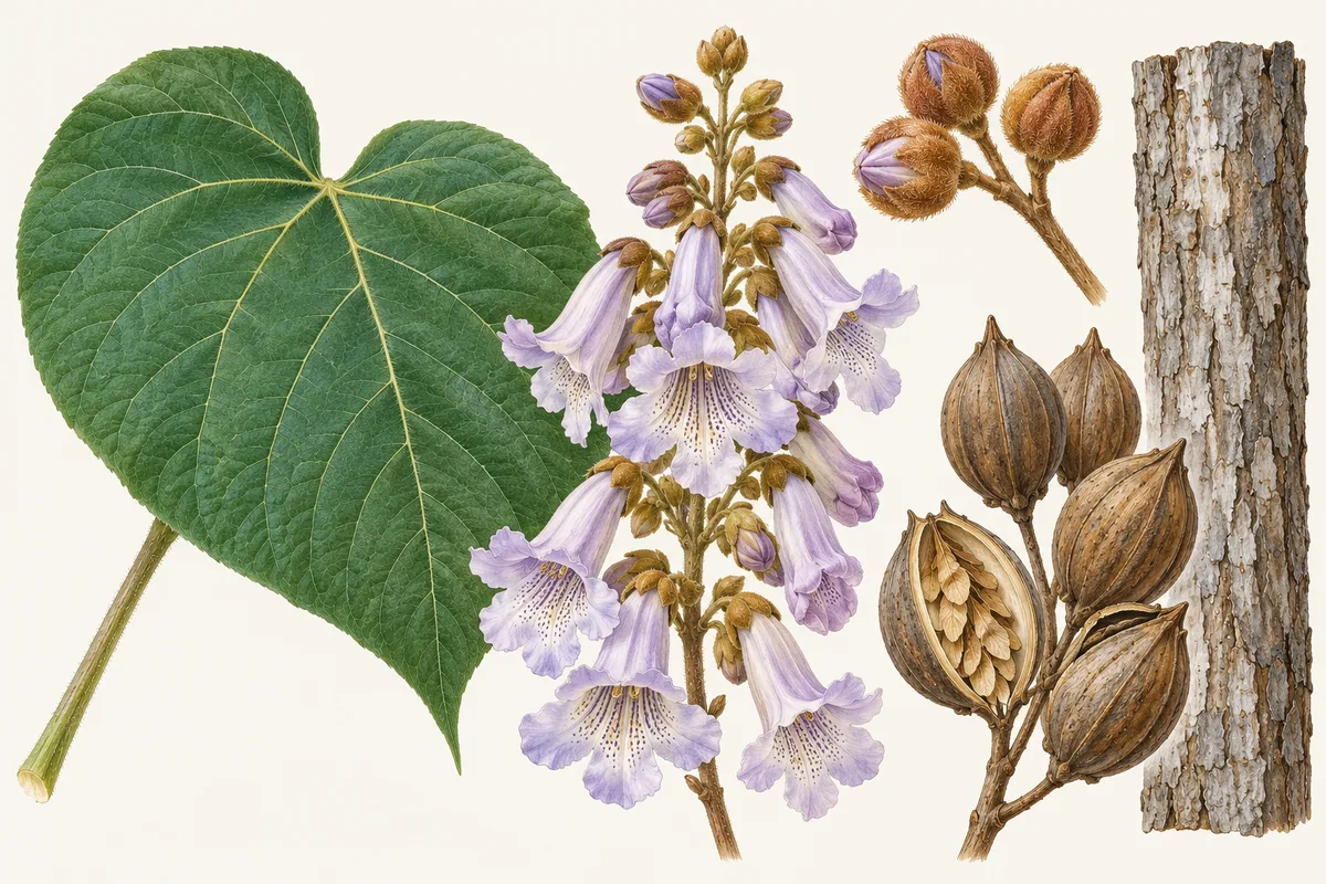 Illustration of a huge heart-shaped paulownia leaf, violet trumpet flowers, fuzzy buds, woody seed capsules and bark