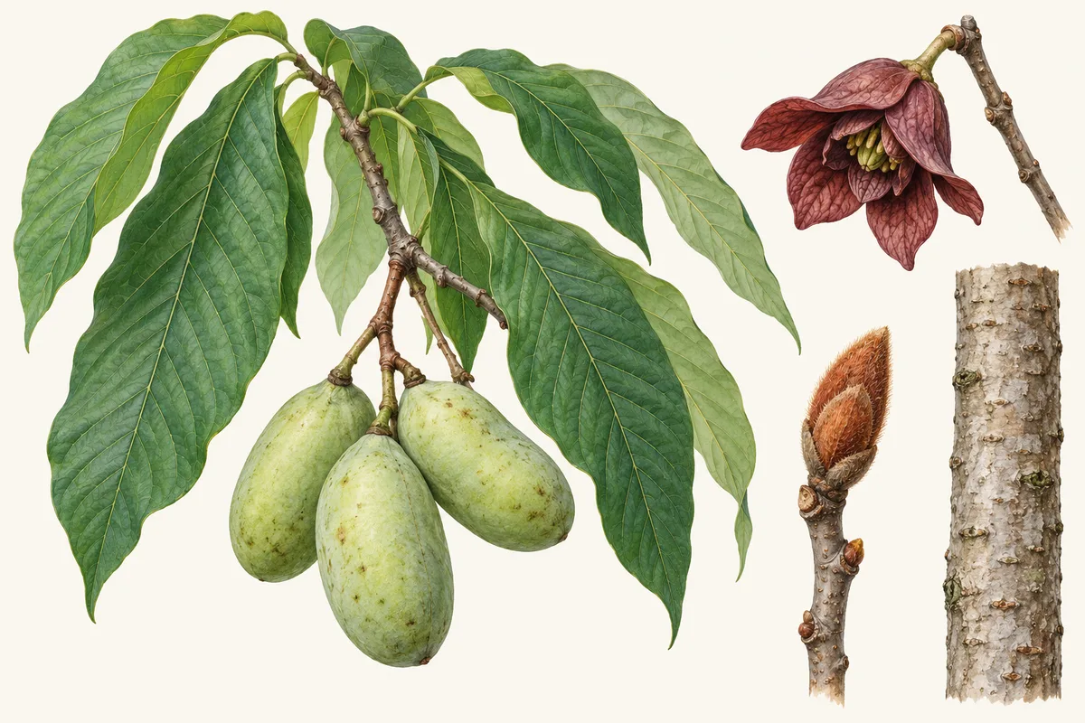 Illustration of a pawpaw branch with long drooping leaves and green fruits, a maroon flower, a furry bud and smooth bark