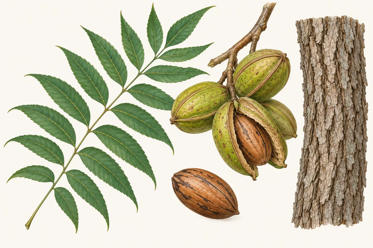 Illustration of a pecan leaf with many leaflets, green husks splitting open around the nuts, a single pecan and bark
