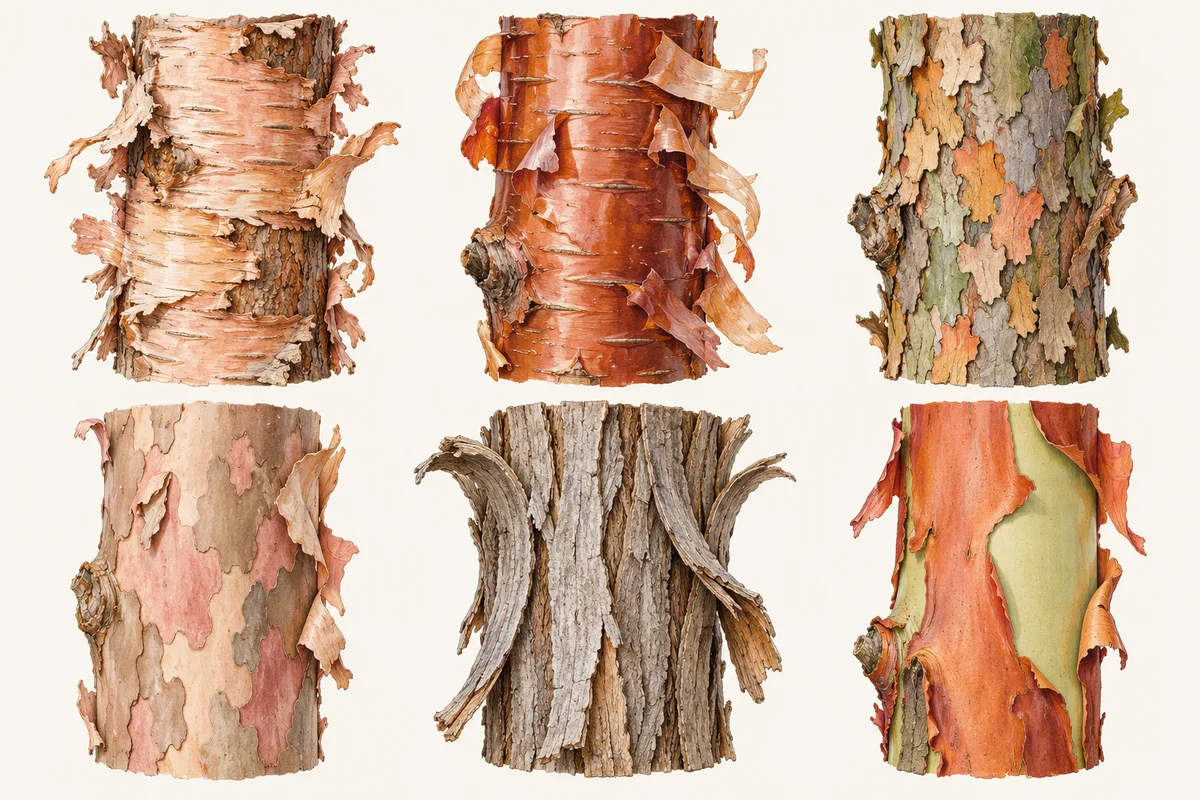Illustration of the peeling bark of river birch, paperbark maple, lacebark elm, crape myrtle, shagbark hickory and Pacific madrone