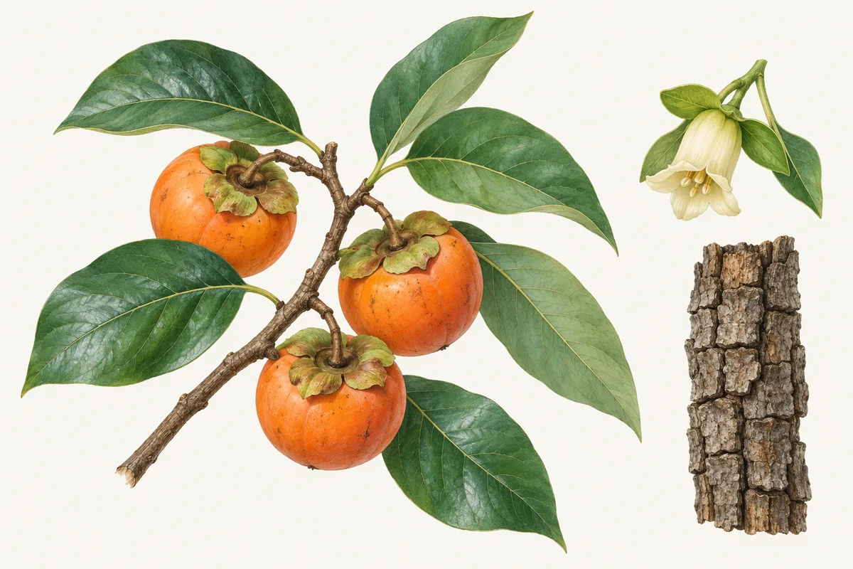 Illustration of a persimmon branch with orange fruits, a pale bell-shaped flower and blocky bark