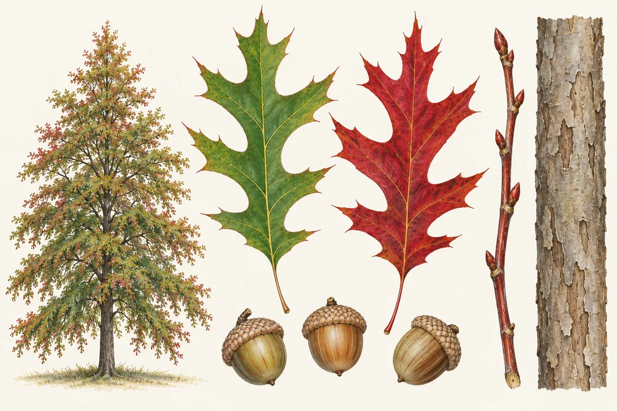 Illustration of a pin oak with drooping lower branches, leaves in green and red, small acorns, a twig and bark