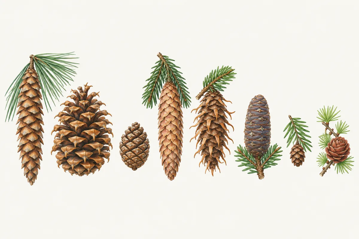 Illustration of eight conifer cones in a row: eastern white pine, ponderosa pine, Scots pine, Norway spruce, Douglas fir with forked bracts, an upright balsam fir cone, a tiny hemlock cone and a larch cone