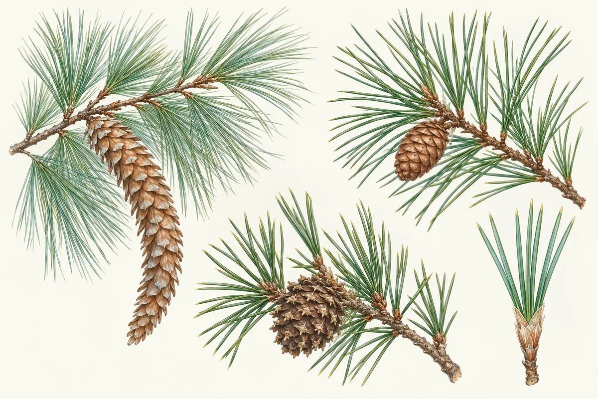 Illustration of eastern white, red and pitch pine branches with their cones and a close-up of a needle bundle