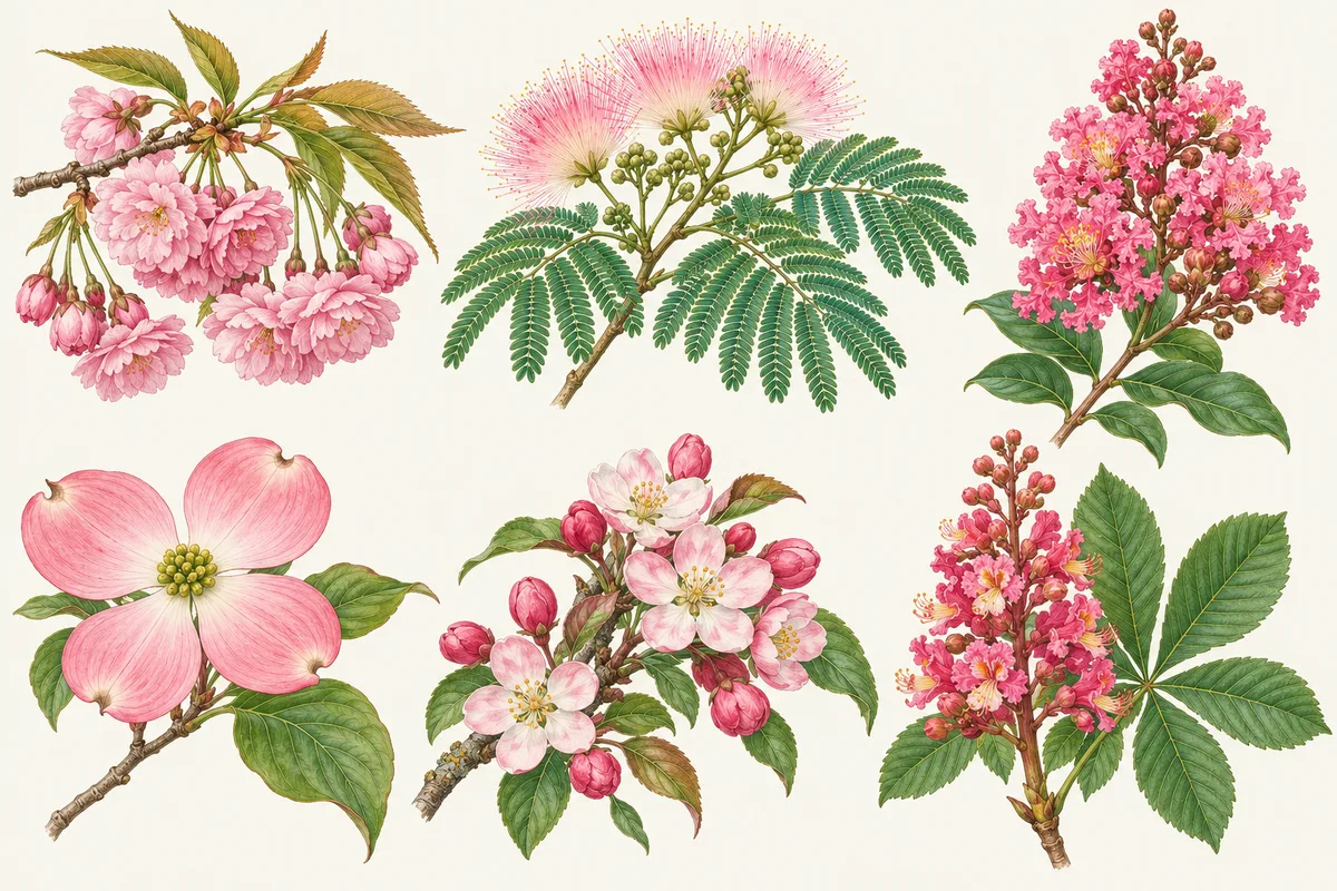 Illustration of the pink flowers of flowering cherry, silk tree, crape myrtle, pink dogwood, crabapple and red horse chestnut
