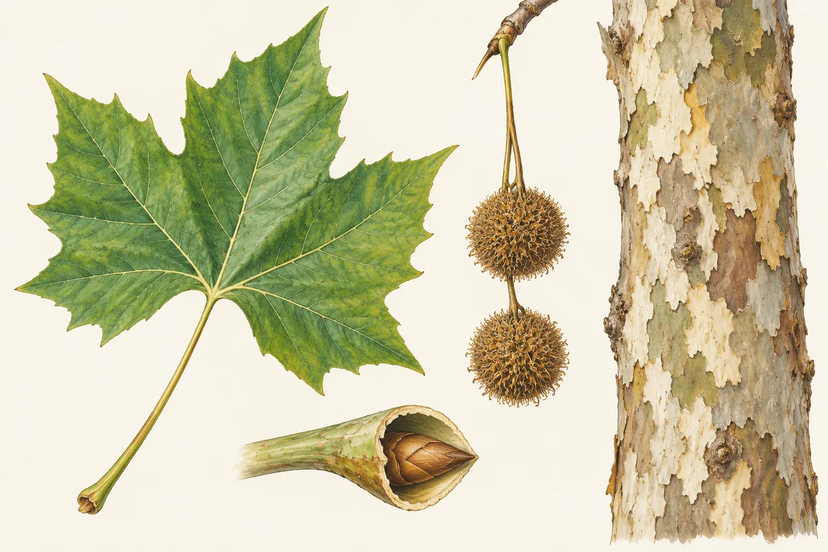 Illustration of a London plane leaf, two seed balls on one stalk and patchy flaking bark