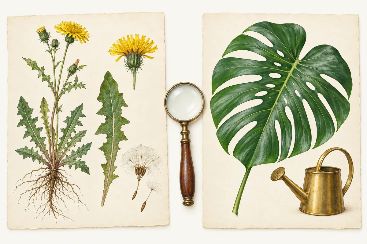 Illustration of two herbarium sheets, a pressed wildflower with its leaf, flower and seed head on one and a monstera leaf with a watering can on the other, with a hand lens between them