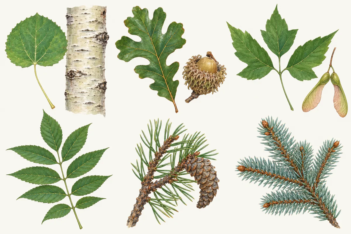 Illustration of an aspen leaf and white bark, a bur oak leaf and acorn, a Manitoba maple leaf and seeds, an ash leaf, a pine sprig with a cone and a bluish spruce sprig