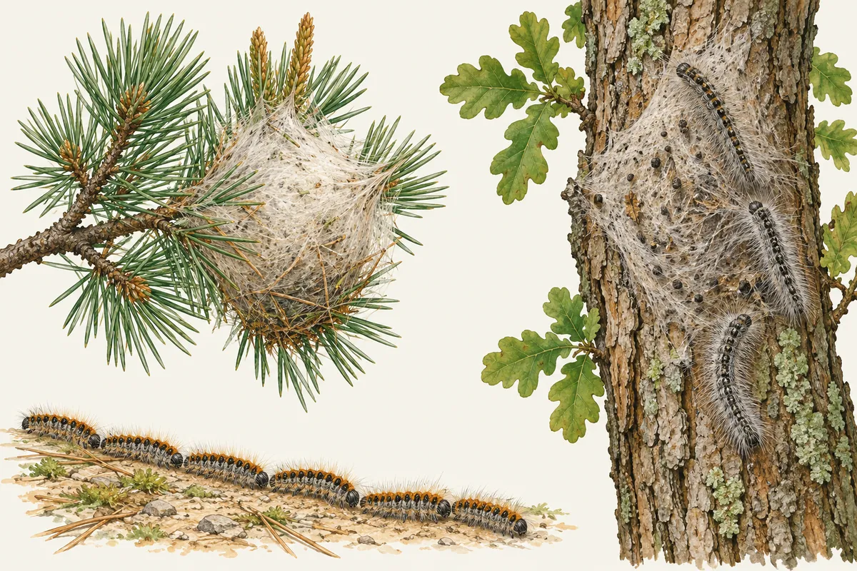 Illustration de deux processionnaires : un nid soyeux blanc au bout d'une branche de pin avec une file de chenilles au sol, et un nid plaqué sur un tronc de chêne avec des chenilles velues