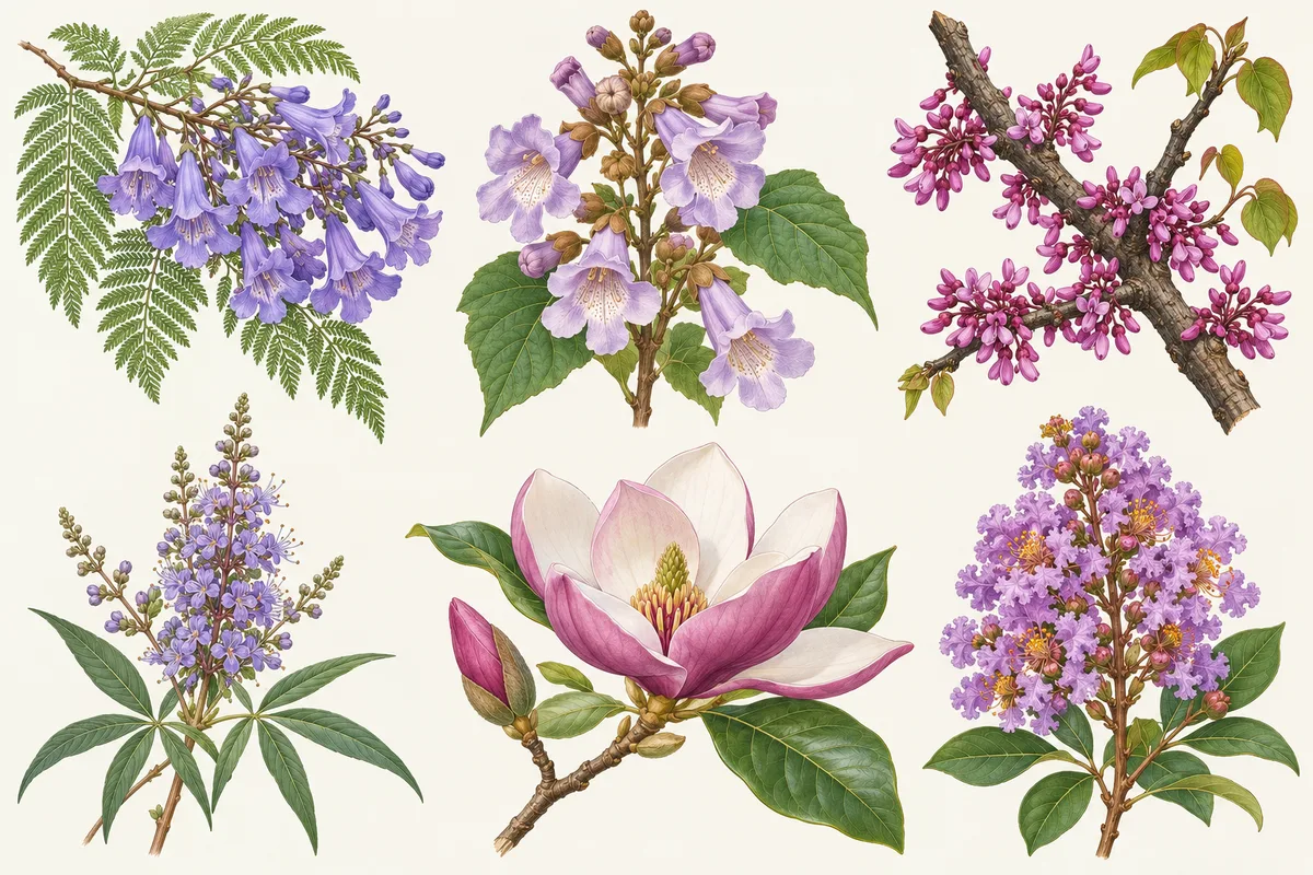 Illustration of the purple flowers of jacaranda, royal paulownia, redbud, chaste tree, saucer magnolia and crape myrtle