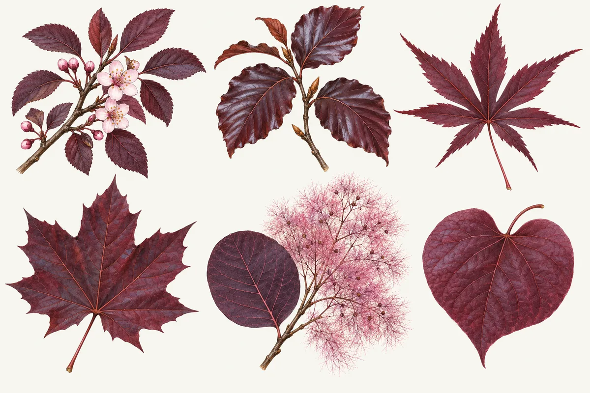 Illustration of purple leaves of purple-leaf plum, copper beech, Japanese maple, Crimson King Norway maple, smoke tree and redbud
