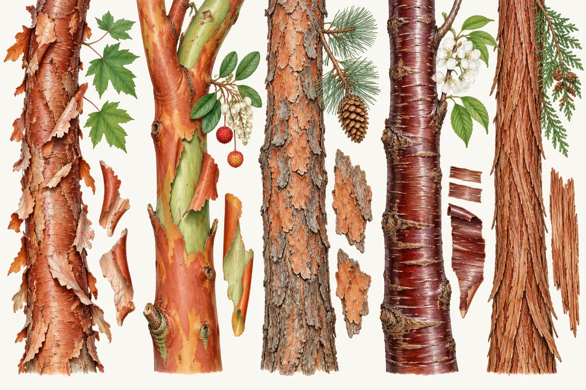 Illustration of red bark compared: peeling cinnamon strips, smooth red madrone bark, scaly orange pine bark, glossy banded cherry bark and fibrous redwood bark