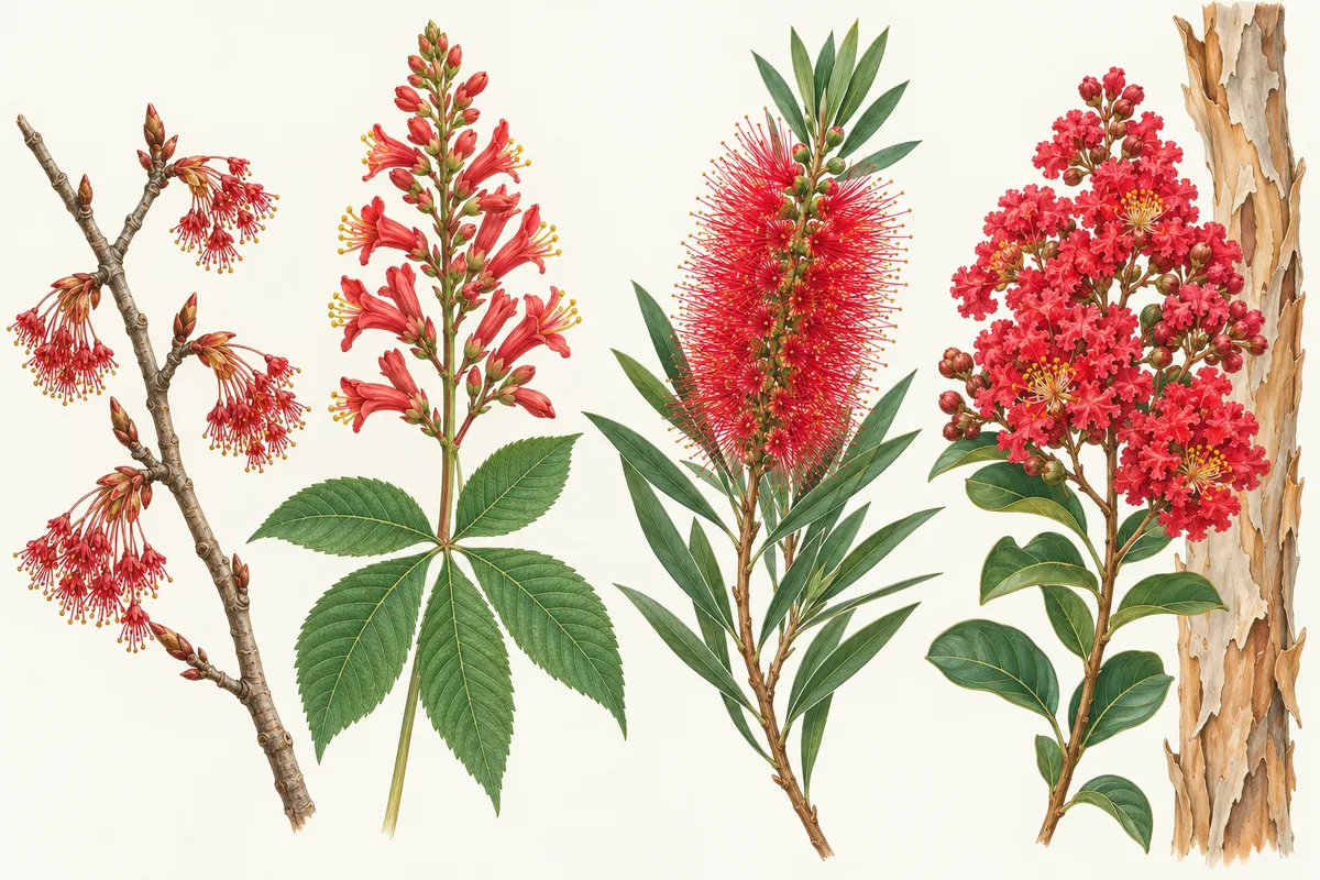 Illustration of red tree flowers: red maple clusters on a bare twig, a red buckeye spike, a bottlebrush flower and a crape myrtle cluster beside peeling bark