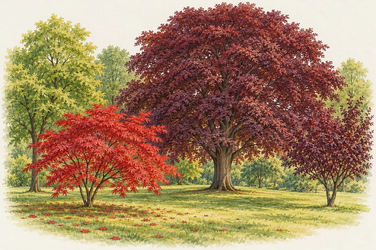 Illustration eines Parks mit Blutbuche, rotem Fächerahorn und Blutpflaume vor grünen Linden