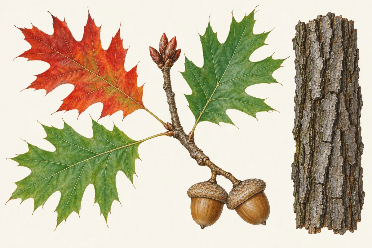 Illustration of red oak leaves in green and autumn red, a twig of buds, two acorns with shallow cups and ridged bark