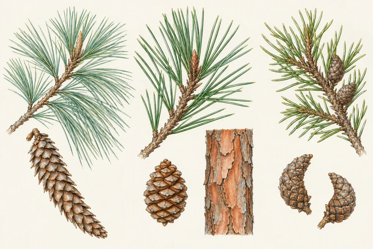 Illustration comparing the needles and cones of eastern white pine, red pine and jack pine