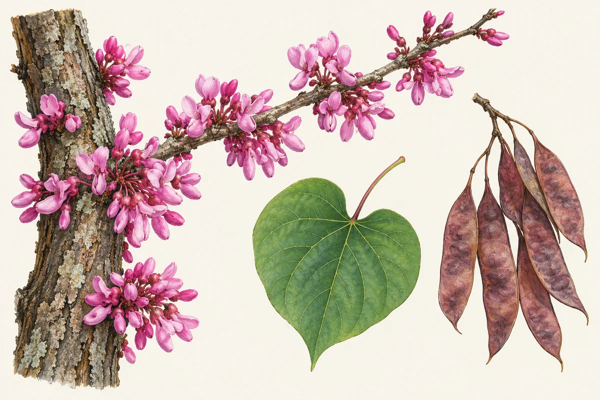 Illustration of eastern redbud: pink flowers on bare wood, a heart-shaped leaf and flat seed pods