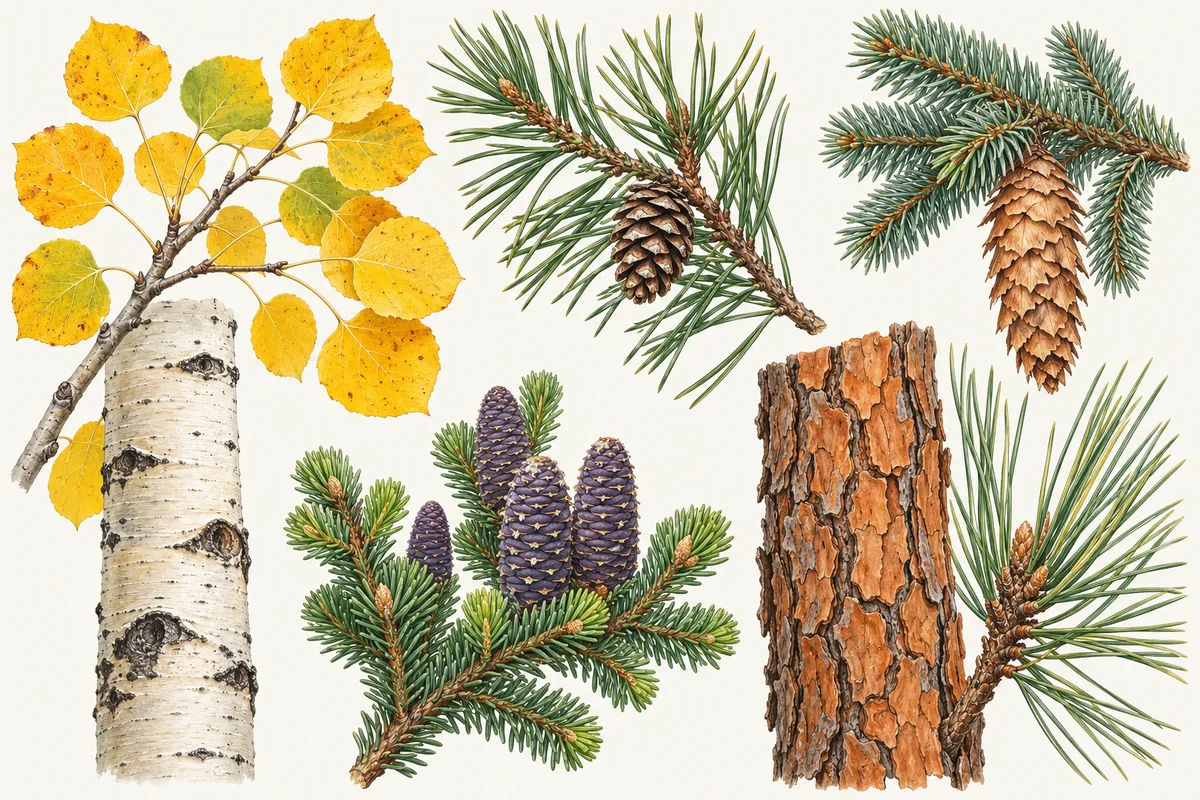 Illustration of Rocky Mountain trees: yellow aspen leaves and white bark, ponderosa pine needles, cone and orange plated bark, subalpine fir with purple cones and a blue spruce sprig