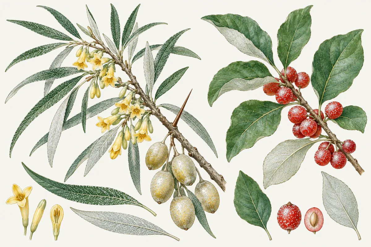 Illustration of Russian olive and autumn olive: narrow silvery leaves, small yellow flowers and olive-like fruit on a thorny twig, beside a branch of speckled red autumn olive berries