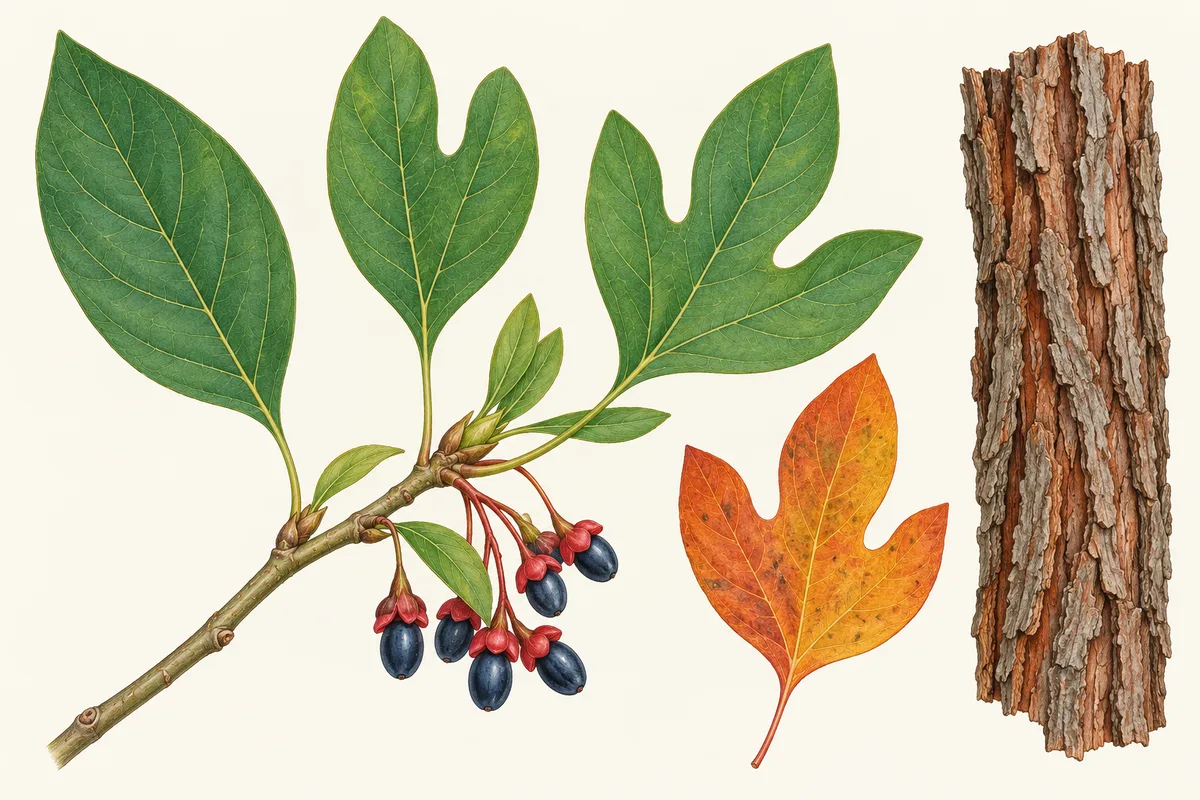 Illustration of a sassafras twig with mitten-shaped, three-lobed and oval leaves, dark blue fruits on red stalks, an orange autumn leaf and furrowed bark