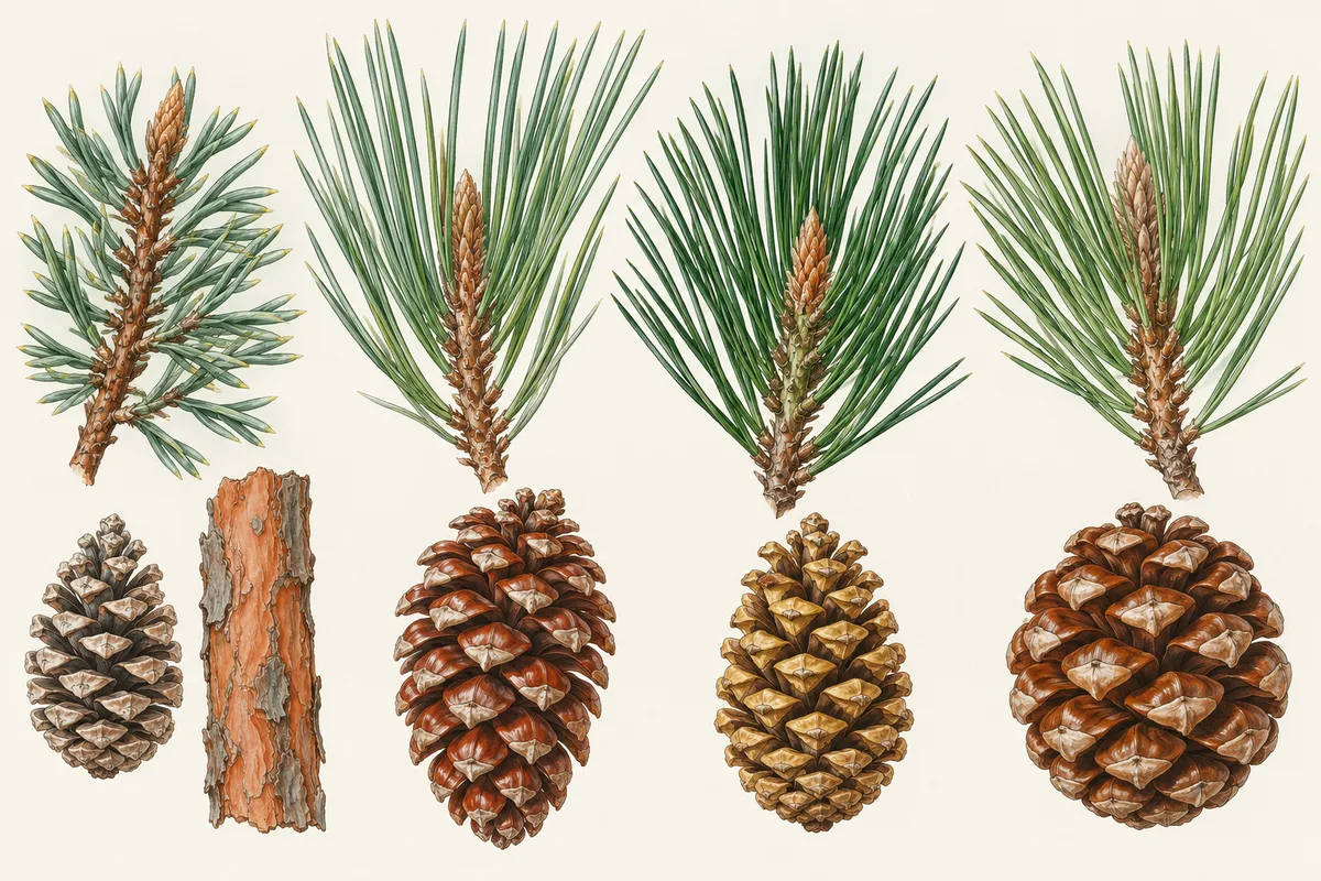 Illustration des rameaux et des cônes du pin sylvestre, du pin maritime, du pin noir et du pin parasol