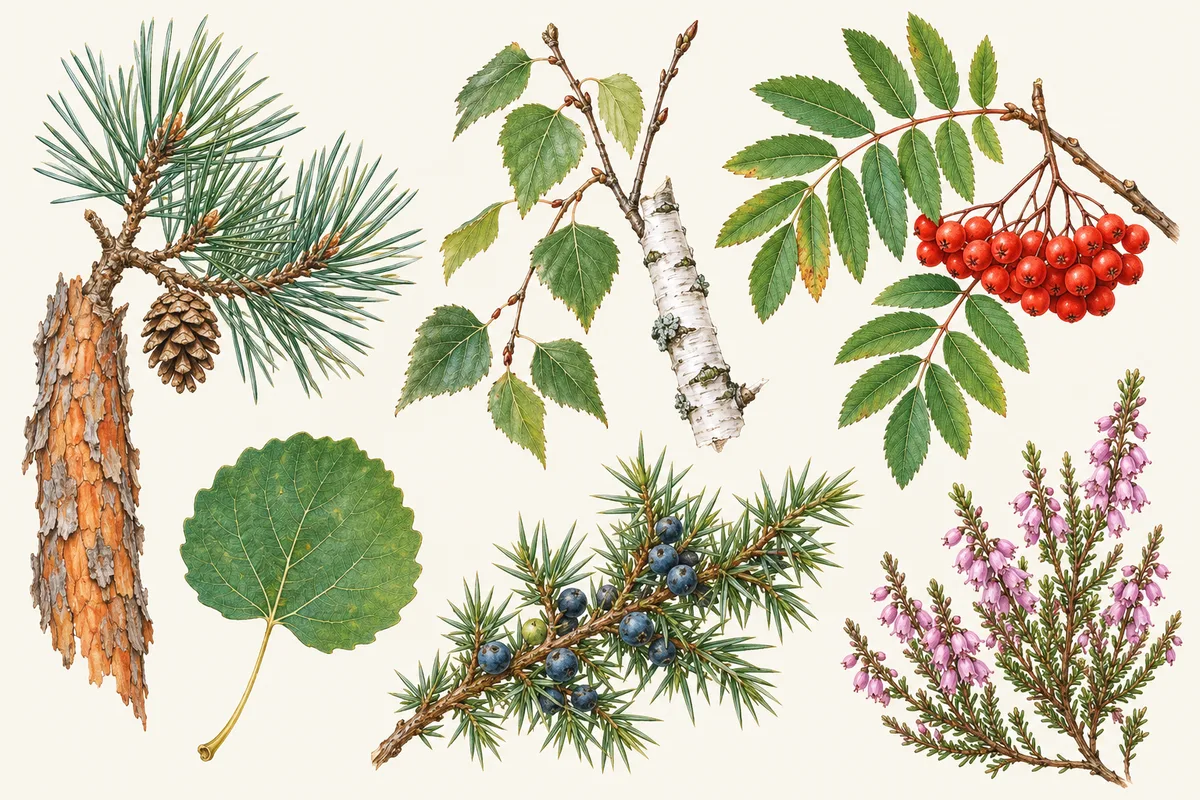 Illustration of a Scots pine branch with a cone and orange bark, a birch twig with white bark, rowan berries, a round aspen leaf, juniper with blue berries and bell heather