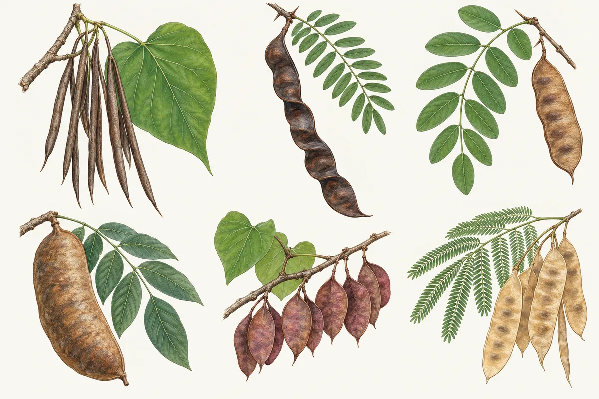 Illustration of the seed pods of catalpa, honey locust, black locust, Kentucky coffeetree, redbud and mimosa