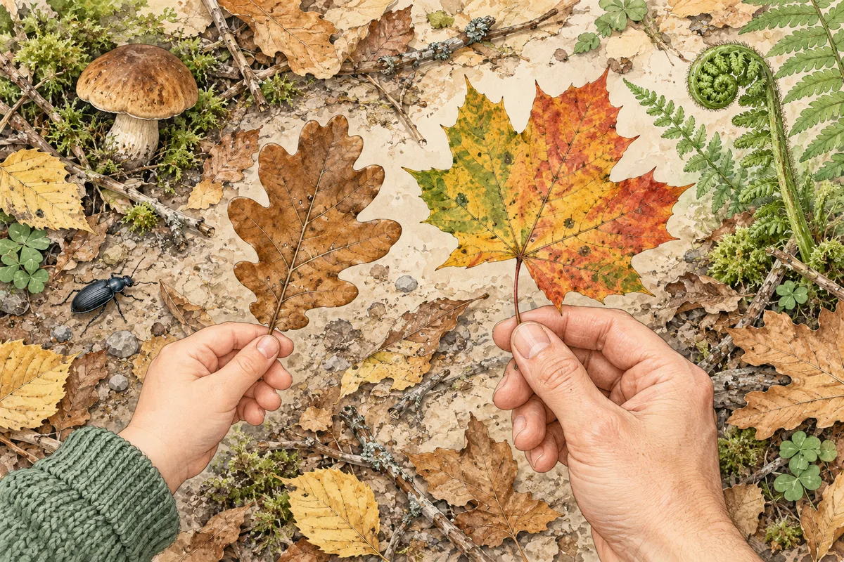 Illustration of two hands holding an oak leaf and a maple leaf over a woodland path, with a mushroom, a beetle and an unrolling fern around them