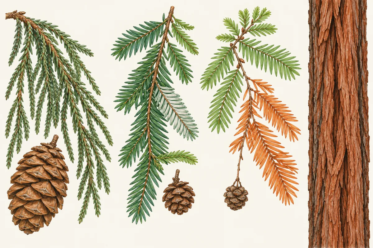 Illustration of a giant sequoia sprig with scale leaves and an egg-shaped cone, a coast redwood sprig with flat needles and a small cone, a dawn redwood sprig in green and rust orange with a hanging cone, and fibrous red bark