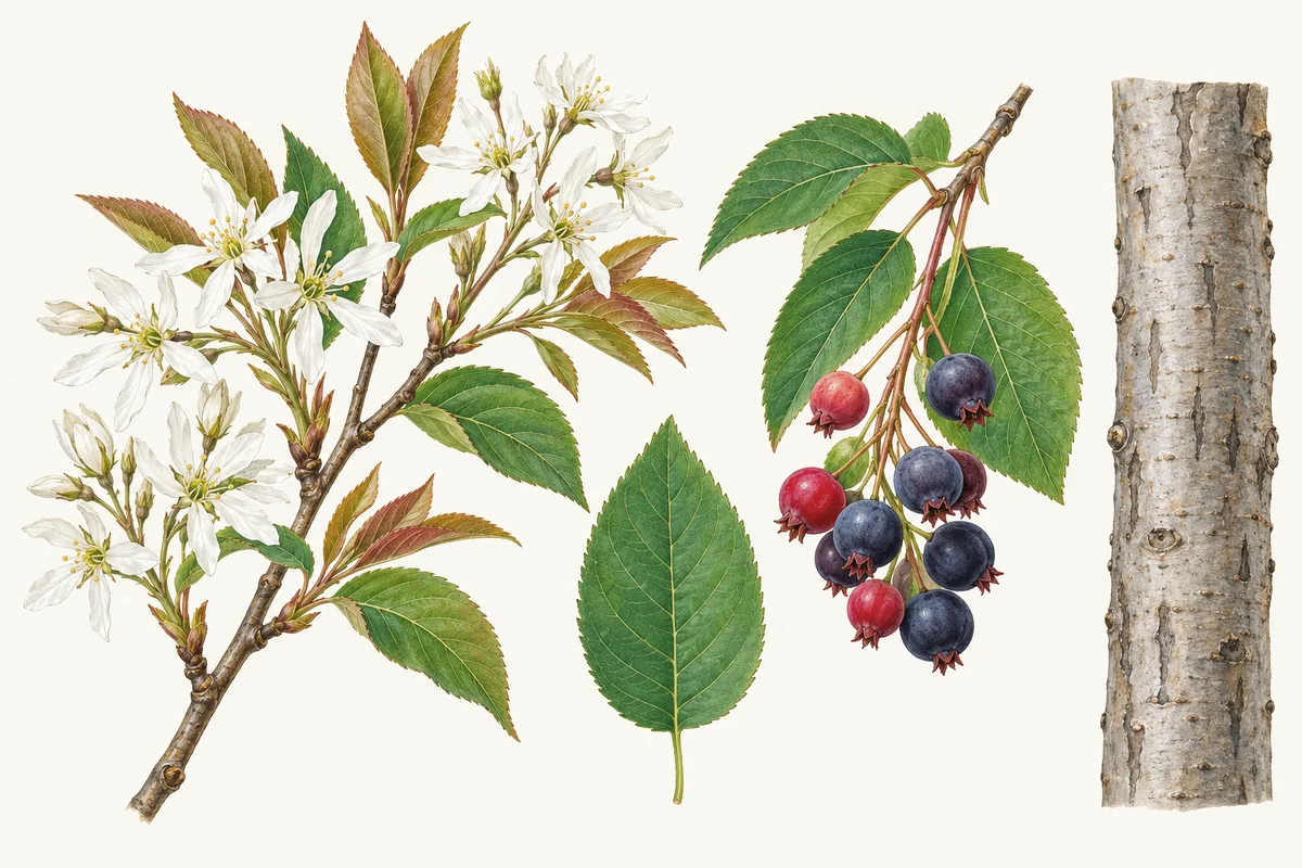 Illustration of serviceberry white flowers with bronze young leaves, a leaf, red and dark purple berries and smooth grey bark