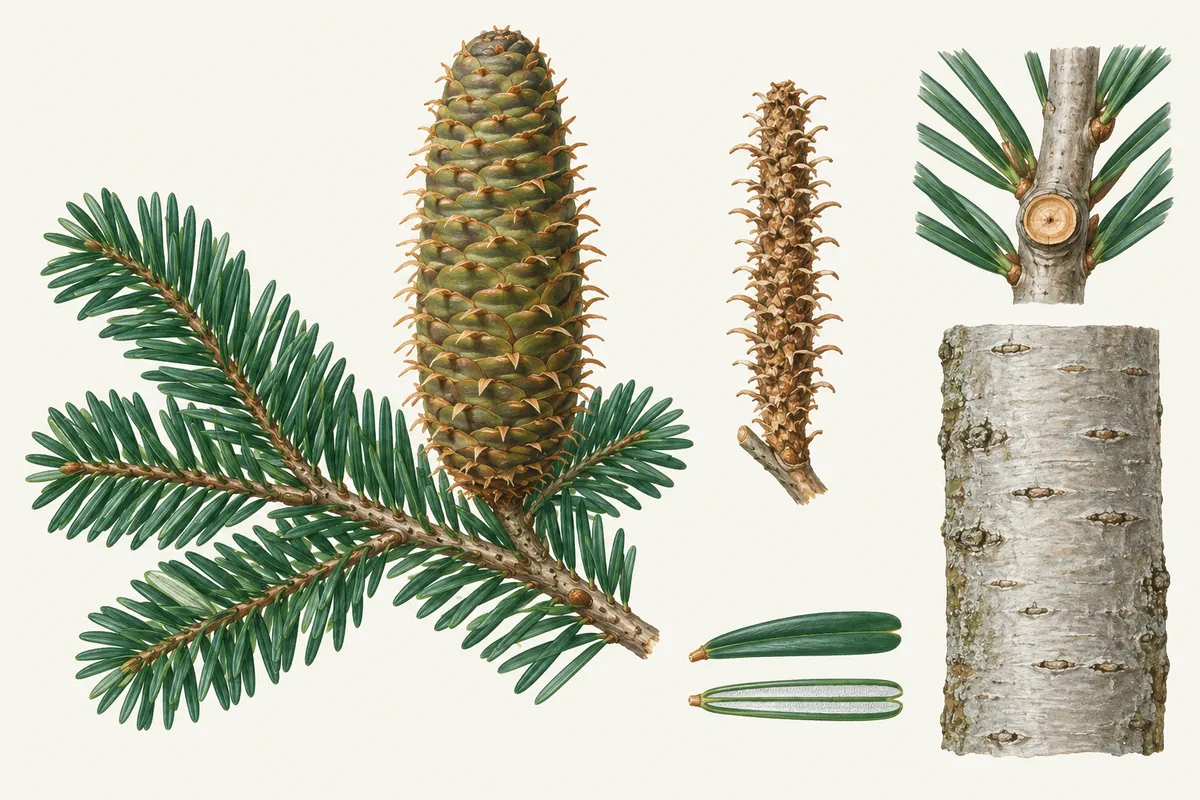 Illustration d'un sapin pectiné : rameau aplati aux aiguilles obtuses, deux bandes blanches sous l'aiguille, cône dressé, axe de cône resté sur la branche, cicatrice ronde de l'aiguille et écorce gris argenté