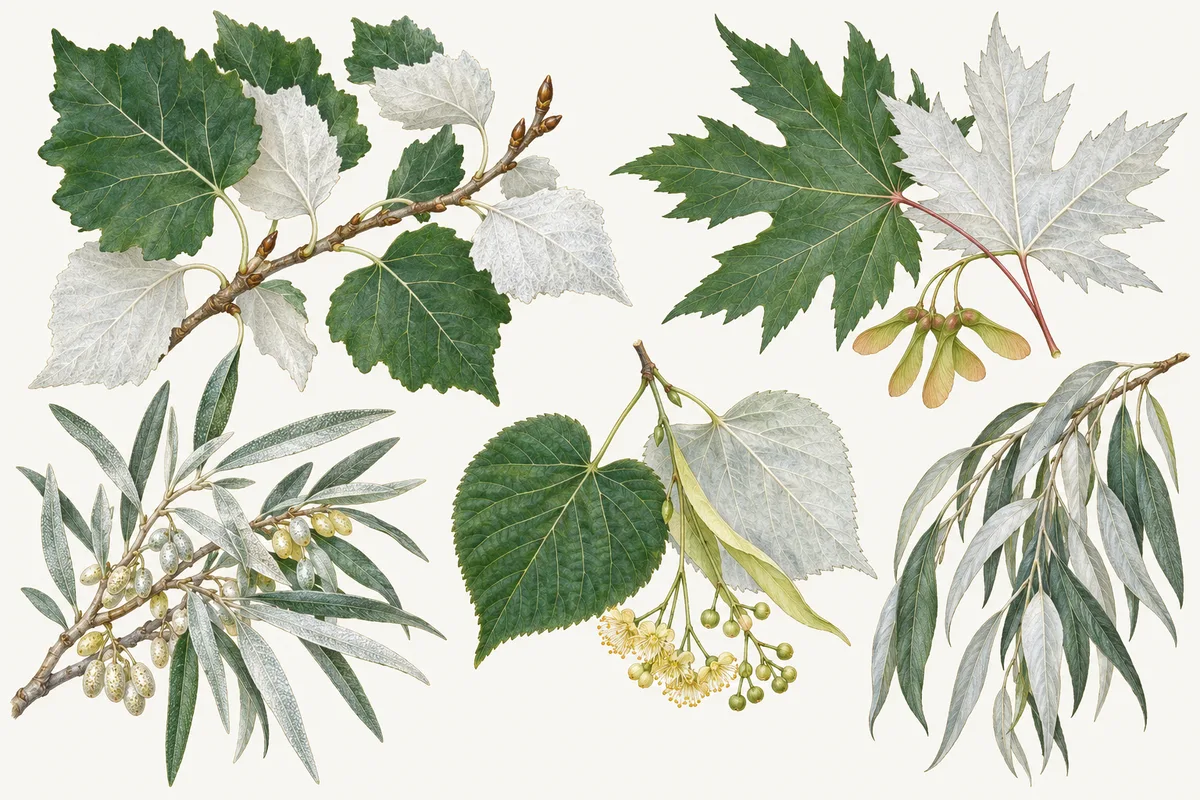Illustration of trees with silver leaves: white poplar, silver maple, Russian olive, silver linden and silver willow, each with its pale underside showing