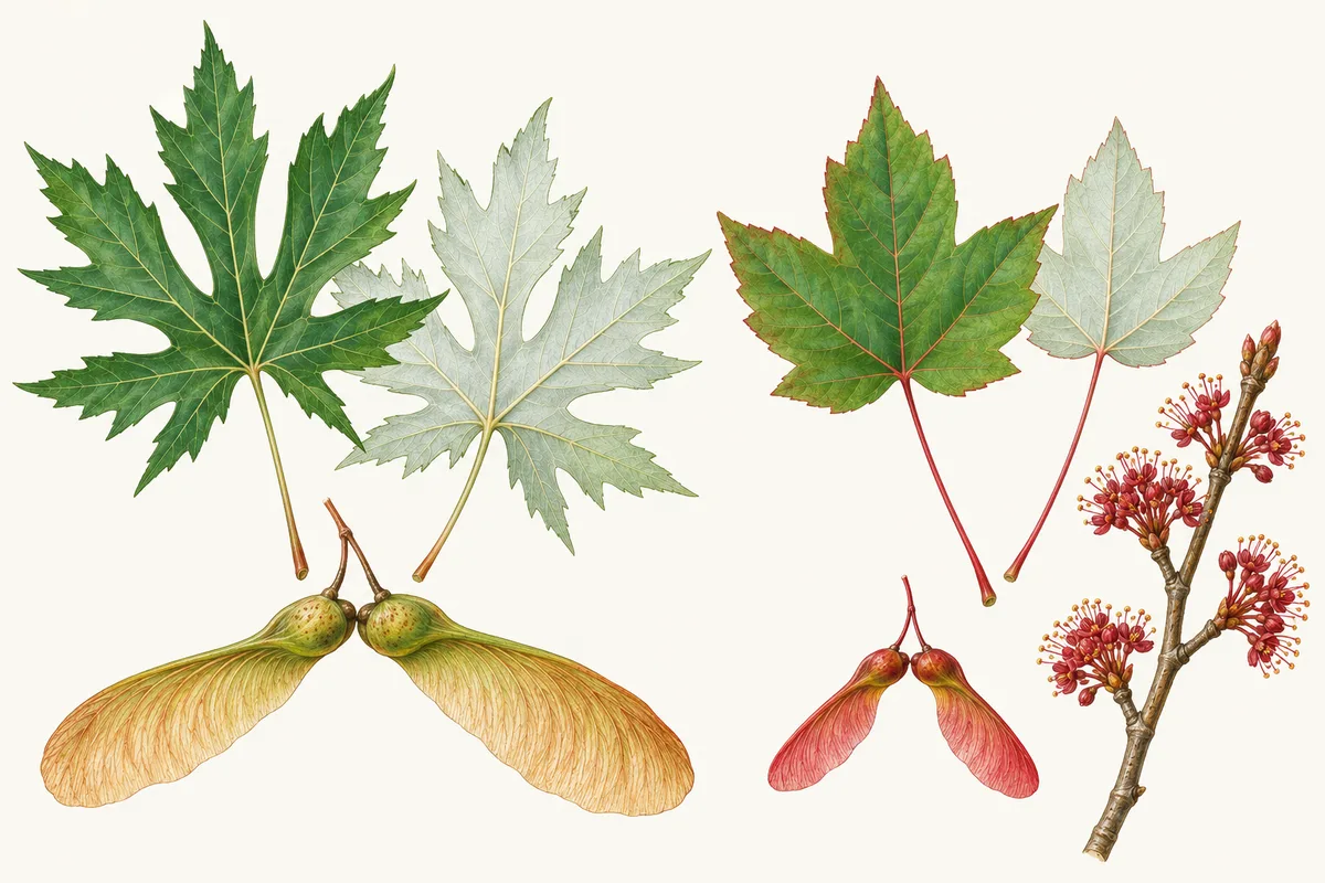 Illustration comparing silver maple and red maple: the deeply cut silver maple leaf with its silvery underside and large seeds, beside the red maple leaf, red-winged seeds and red flowers