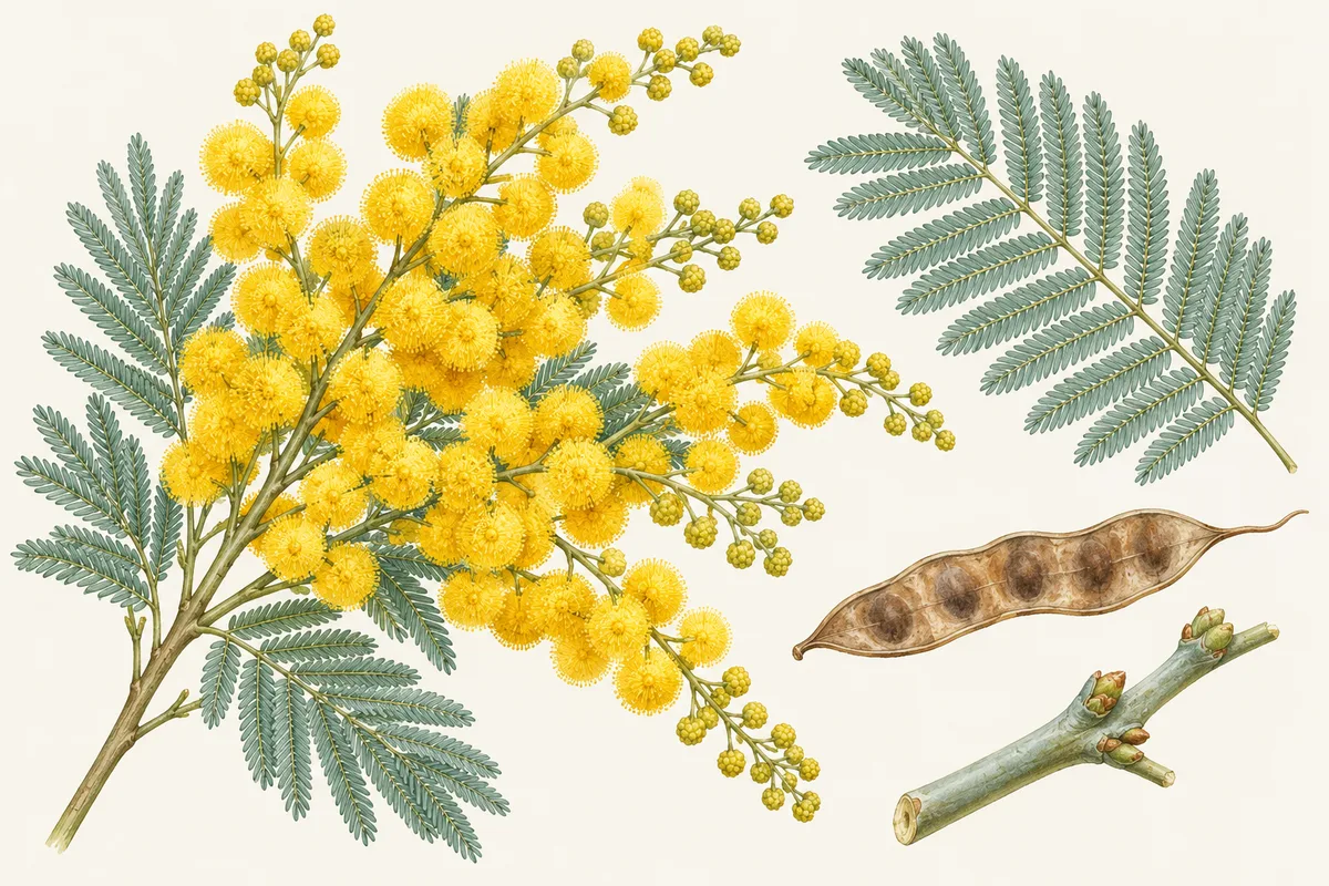 Illustration du mimosa d'hiver : grappes de petites boules jaune d'or, feuille bipennée gris argenté aux minuscules folioles, gousse plate resserrée entre les graines et jeune tige glauque