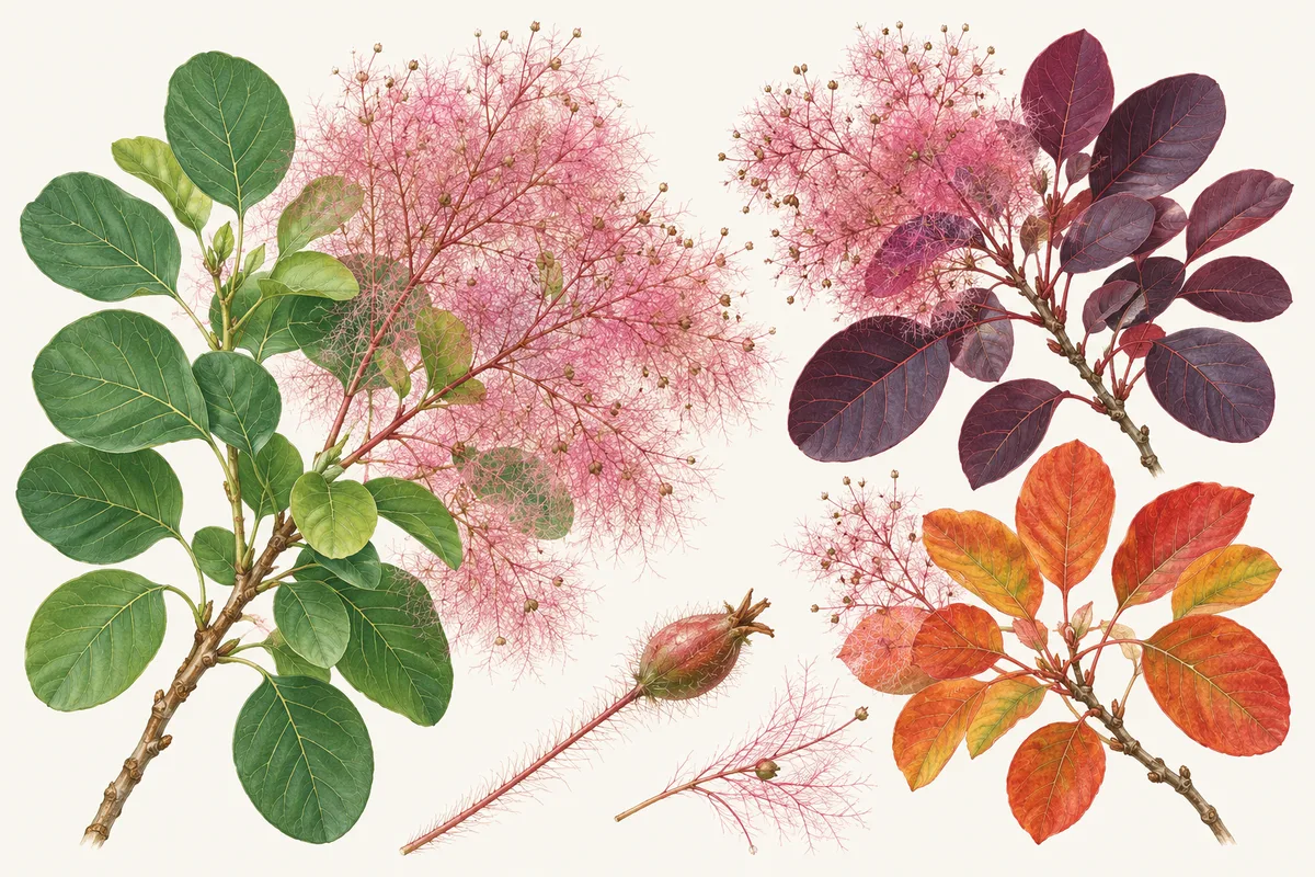 Illustration of smoke tree: round green leaves, pink feathery seed plumes, a purple-leaved garden form and orange autumn leaves
