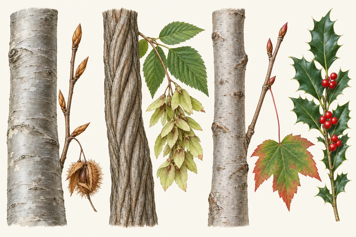 Illustration of three smooth grey trunks with a beech twig and nut husk, hornbeam leaves and seed clusters, a red maple leaf and a holly sprig with red berries