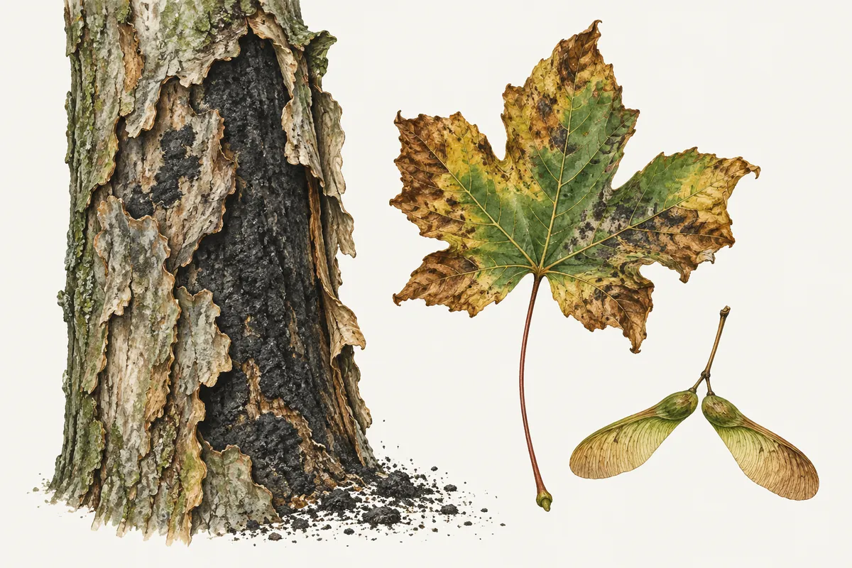 Illustration der Rußrindenkrankheit: Bergahornstamm mit abgeplatzter Rinde und schwarzer Sporenschicht, schwarzer Staub am Stammfuß, ein welkendes Bergahornblatt und ein Paar geflügelter Früchte