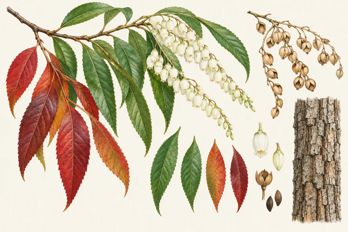 Illustration of sourwood: long narrow leaves in green and deep red, drooping sprays of small white bell flowers, dry seed capsules and blocky ridged bark