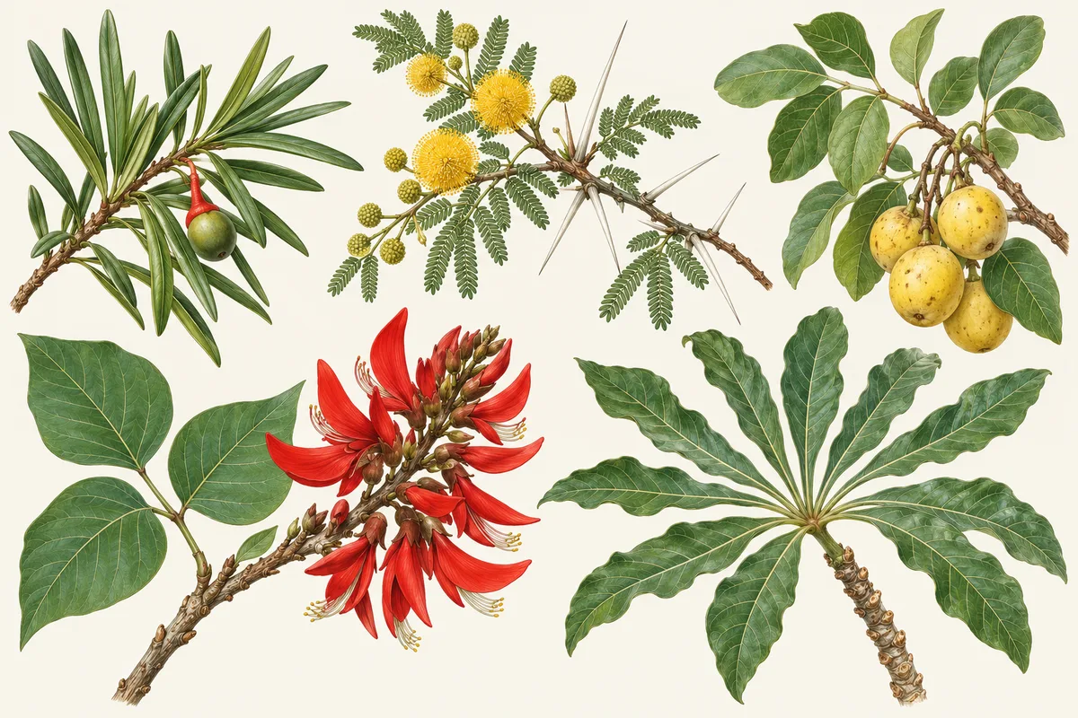 Illustration of a yellowwood sprig with fruit, a sweet thorn twig with yellow flower balls and long white thorns, marula fruits, coral tree flowers and a cabbage tree leaf