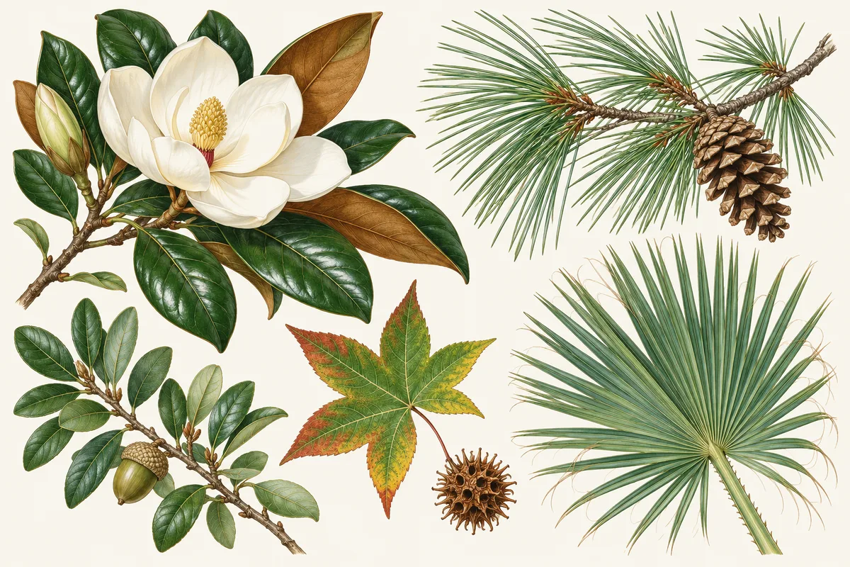 Illustration of southeastern trees: a southern magnolia flower, longleaf pine needles and cone, live oak leaves and acorn, a sweetgum leaf and seed ball, and a palmetto frond