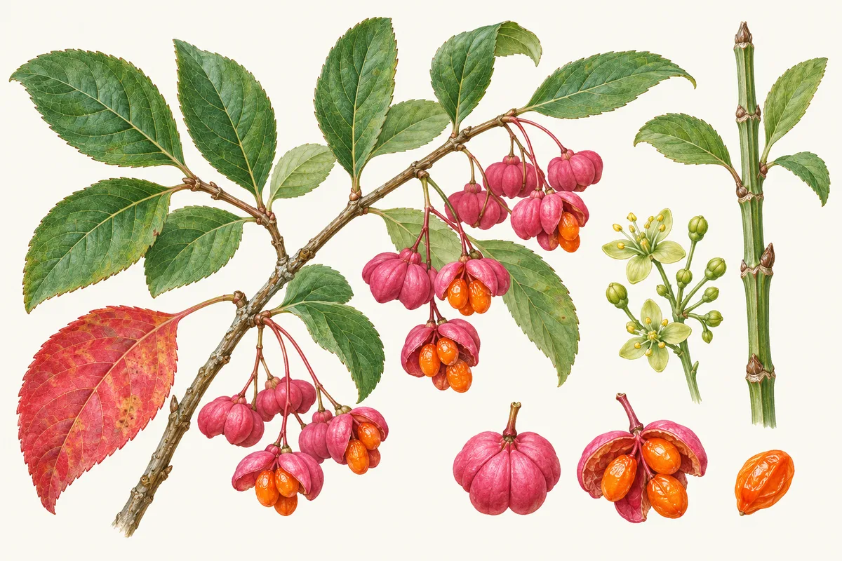 Illustration of spindle: a branch hung with pink four-lobed capsules opening on orange seeds, a red autumn leaf, small green flowers and a green twig with corky lines