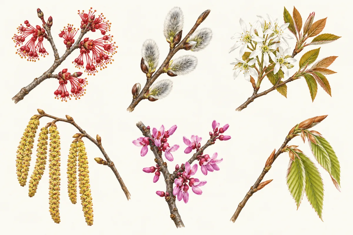 Illustration of early spring twigs: red maple flowers, pussy willow catkins, serviceberry blossom, hazel catkins, redbud flowers on bare wood and a beech bud opening