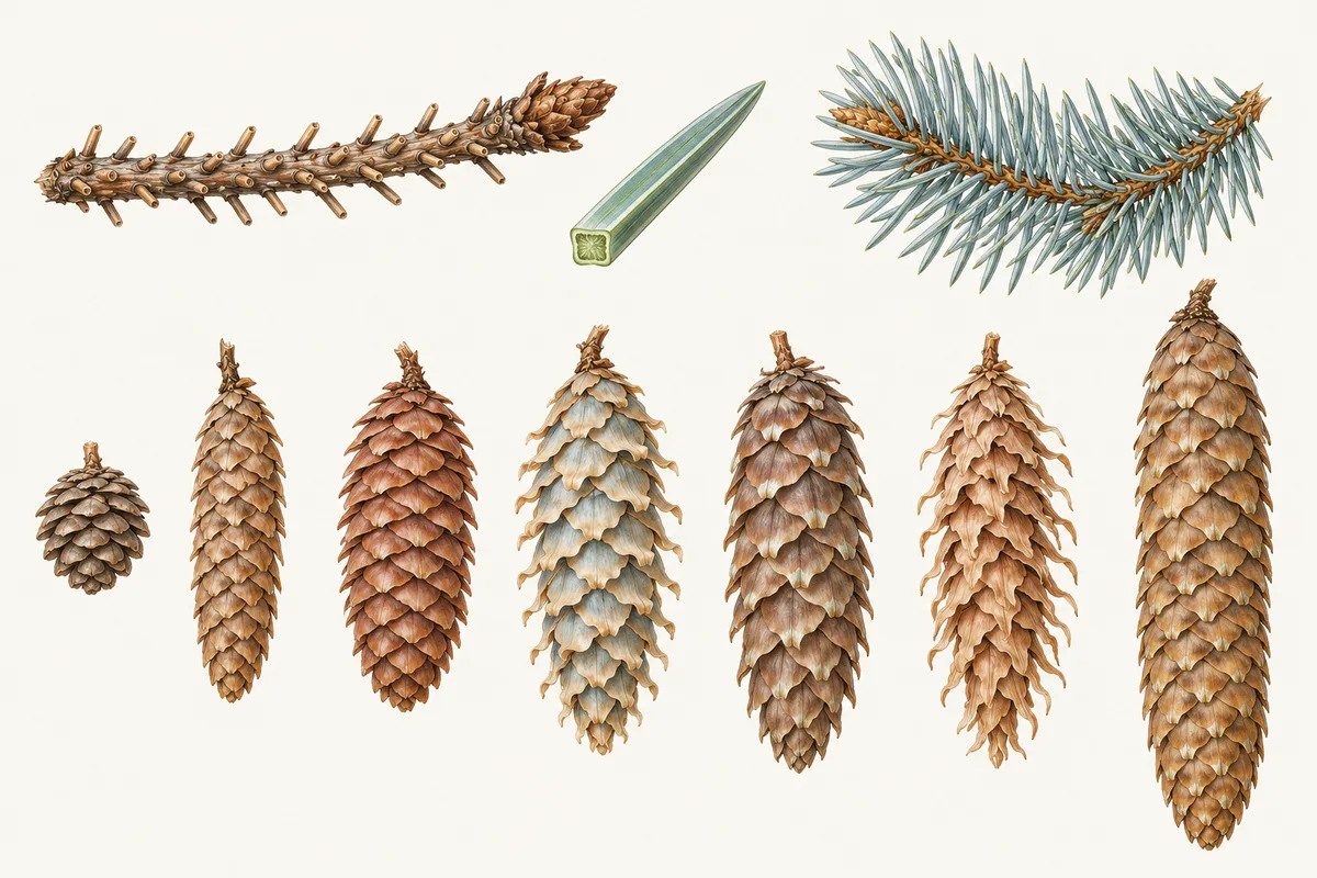 Illustration of seven spruce cones from smallest to largest, a bare twig covered with woody pegs, a square needle in cross-section and a bluish blue spruce sprig