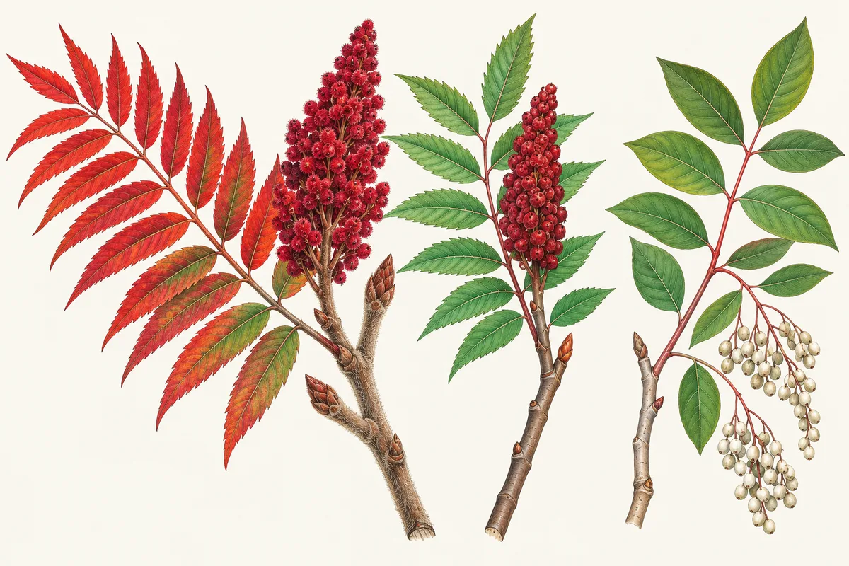 Illustration of sumacs: a scarlet autumn compound leaf with an upright cone of fuzzy red berries, a green sumac branch with its red fruit spike, and poison sumac with hanging white berries for contrast