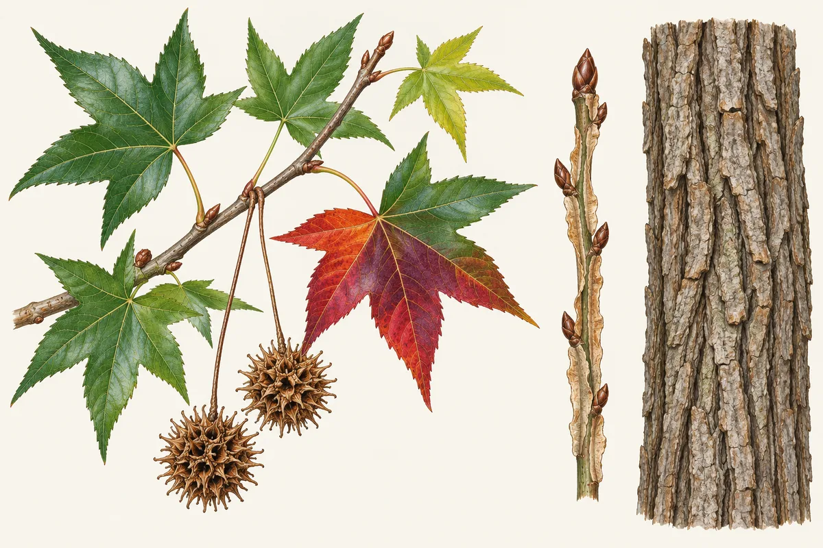 Illustration of a sweetgum twig with star-shaped leaves in green, yellow and red, spiky seed balls, a twig and bark