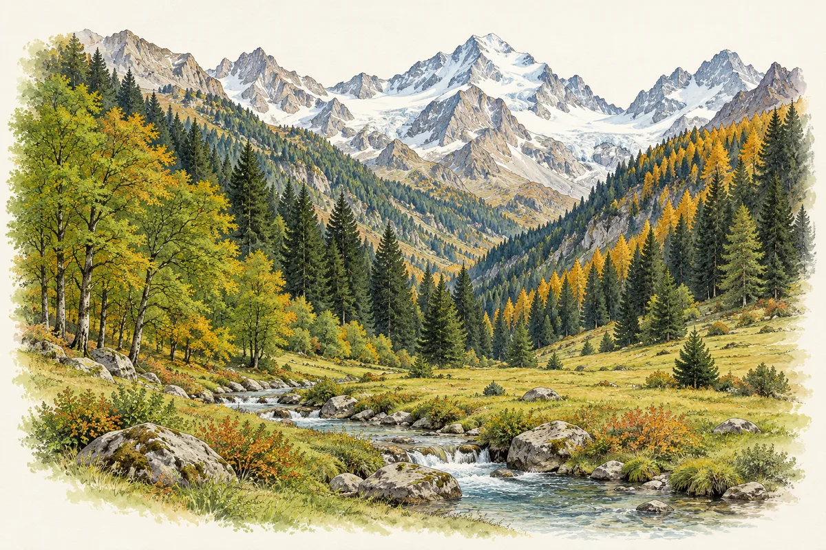 Illustration eines Alpentals: Buchen unten, Fichten und Tannen am Hang, Lärchen und Arven an der Waldgrenze